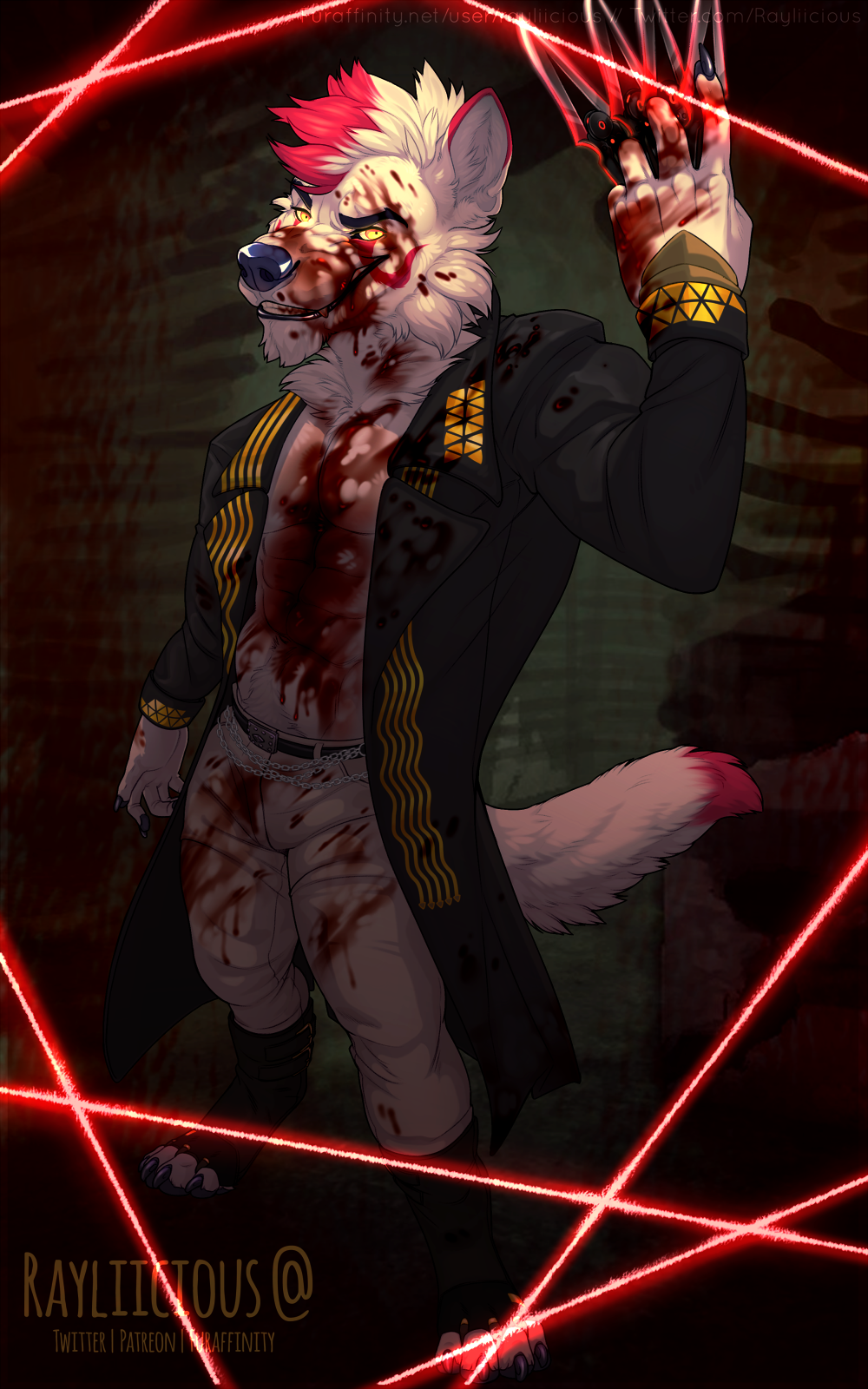 anthro artist_name black_belt black_clothing black_coat black_eyebrows black_lips black_topwear blood blood_on_chest blood_on_clothing blood_on_face blood_on_pants bodily_fluids bottomwear cheek_tuft clothing coat dipstick_tail eyebrows facial_tuft fangs front_view fur glowing glowing_eyes hair hi_res inner_ear_fluff lips looking_at_viewer male markings neck_tuft pants pink_body pink_fur pink_hair pink_tail rayliicious reformed_inu simple_background smile solo tail_markings throwing_knife topwear tuft white_body white_bottomwear white_clothing white_fur white_hair white_inner_ear_fluff white_pants white_tail yellow_eyes