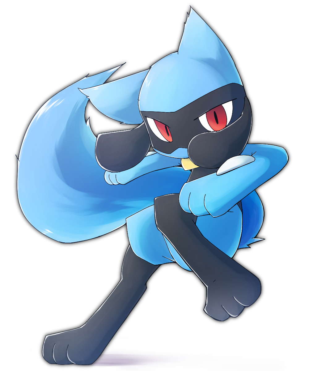 3_fingers 3_toes action_pose ambiguous_gender blue_body blue_fur chaba feet feral fingers fur generation_4_pokemon hi_res looking_at_viewer mouth_obstructed nintendo pokemon pokemon_(species) pose red_eyes riolu simple_background solo stepping_back toes video_games white_background