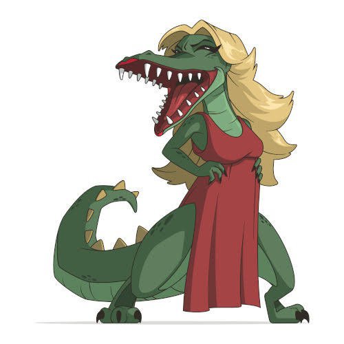 1:1 alligator alligatorid anthro blonde_hair brazilian_folklore crocodilian cuca eyes_closed female green_body hair long_hair low_res non-mammal_hair open_mouth reptile scalie simple_background sitio_do_pica-pau_amarelo solo tongue unknown_artist