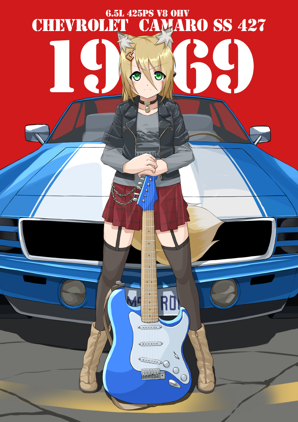 1girl arai_kogane bangs black_jacket car chevrolet_camaro commentary full_body green_eyes ground_vehicle highres holding holding_instrument instrument jacket long_sleeves looking_at_viewer motor_vehicle muscle_car open_clothes open_jacket red_skirt skirt solo standing