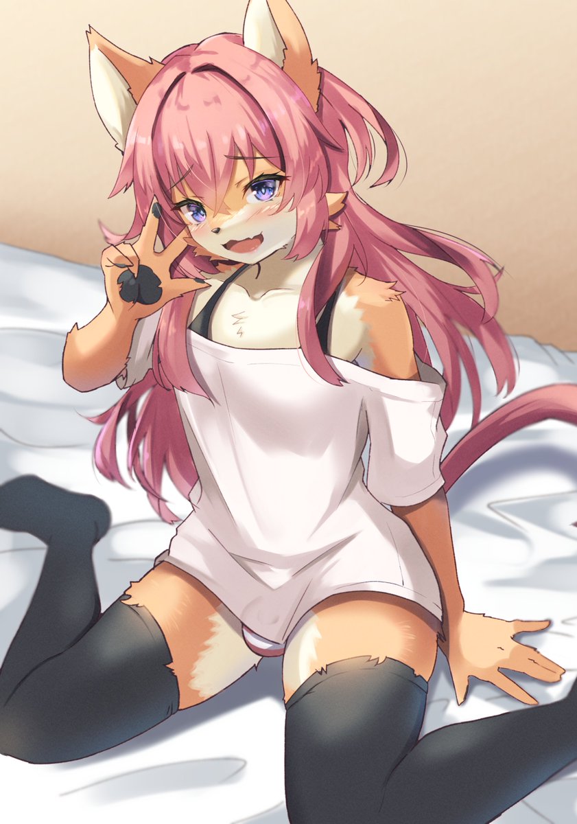 2022 5_fingers an_chobi94 anthro balls_outline bed blush bottomwear bra_strap bulge cheek_tuft claws clothed clothing countershading crossdressing cute_fangs detailed_bulge facial_tuft felid feline finger_claws fingers fur furniture genital_outline gesture girly hair hi_res kemono legwear long_hair looking_at_viewer male male_anthro mammal multicolored_body multicolored_fur off_shoulder on_bed open_mouth panties pattern_bottomwear pattern_clothing pattern_panties pattern_underwear penis_outline pink_hair pink_tail purple_eyes shirt sitting solo striped_bottomwear striped_clothing striped_panties striped_underwear stripes tan_body tan_fur thigh_highs tongue topwear tuft two_tone_body two_tone_fur underwear v_sign wariza white_body white_fur