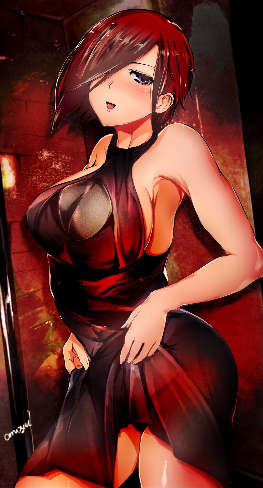 1girl ark_royal_(azur_lane) ark_royal_(guardian_of_the_ball)_(azur_lane) azur_lane black_dress black_hair breasts cleavage cleavage_cutout clothing_cutout cocktail_dress dress hair_over_one_eye halter_dress halterneck highres large_breasts medium_hair official_alternate_costume omoyu purple_eyes sleeveless sleeveless_dress solo