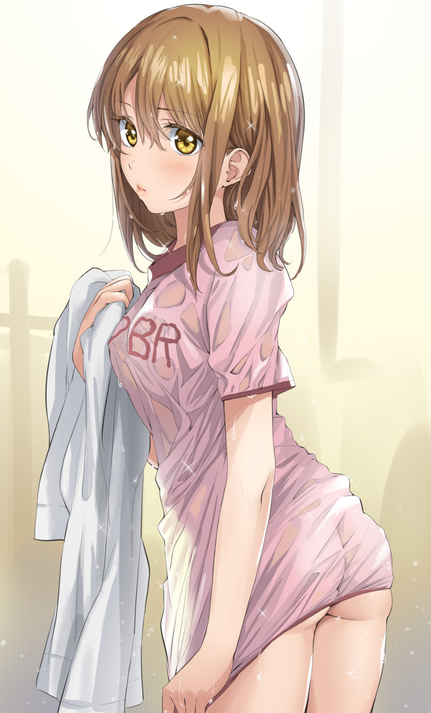 1girl ass blush bottomless breasts brown_hair cowboy_shot highres holding holding_towel looking_at_viewer medium_breasts medium_hair original see-through shirt shirt_tug solo t-shirt towel wet wet_clothes wet_hair yellow_eyes yoropa