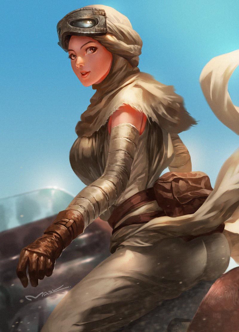 1girl ass breasts brown_eyes brown_gloves brown_pants brown_scarf brown_shirt floating_clothes from_behind gloves goggles goggles_on_head head_scarf kamiyamark looking_back looking_to_the_side medium_breasts pants parted_lips rey_(star_wars) scarf shirt sitting solo star_wars star_wars:_the_force_awakens