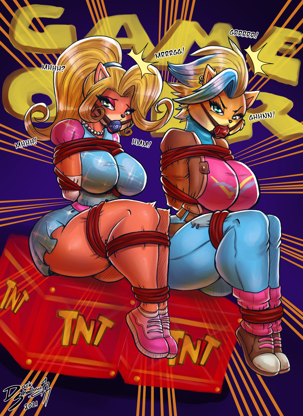 activision alternate_costume anthro bdsm big_breasts bondage bound breasts butt coco_bandicoot crash_bandicoot_(series) crash_team_racing_(series) darkshadow777 duo explosives female female/female fur game_over gameplay_mechanics hi_res peril pirate_tawna restraints rope rope_bondage tawna_bandicoot thick_thighs tnt tnt_crate tongue tongue_out video_games