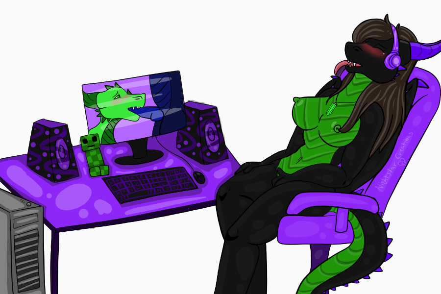 anthro black_body black_scales blush bodily_fluids breasts brown_hair dragon ender_dragon female fingering gaming_chair gaming_headset green_body green_scales hair jewelry masturbation microsoft minecraft mojang necklace nightstar_creations nipples non-mammal_breasts orb samara_(agomara) scales sitting solo tears tears_of_pleasure tongue tongue_out vaginal vaginal_fingering vaginal_masturbation video_games xbox_game_studios