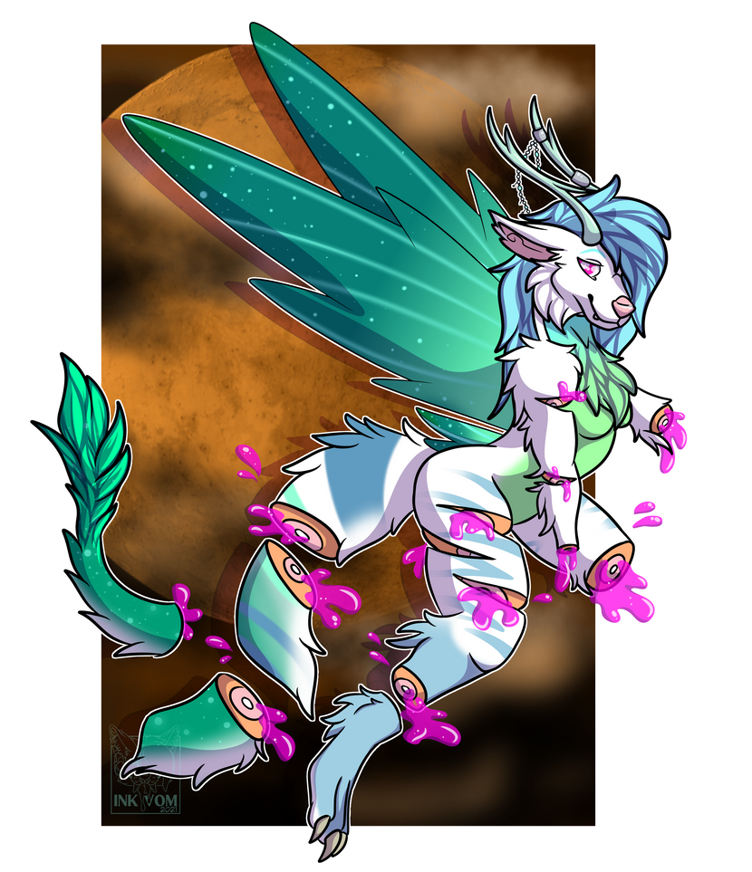 anthro blue_body blue_hair candy_gore canid canine canis dragon female flesh gore hair halloween holidays hybrid inkvom insect_wings juno_(viktorlyovkin) looking_at_viewer mammal pink_eyes smile solo viktorlyovkin wings wolf