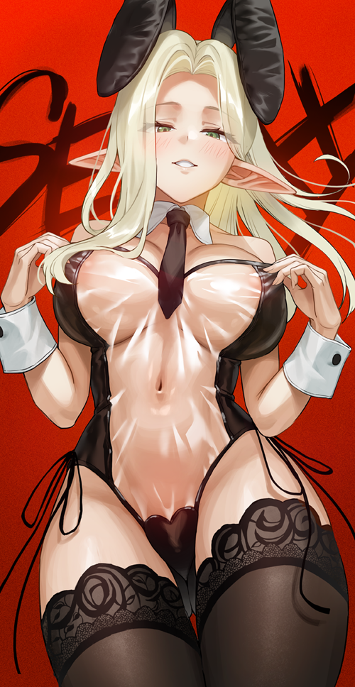 1girl animal_ears areola_slip banned_artist black_necktie black_panties breasts brown_thighhighs covered_navel detached_collar elena_(jagaimo_(kkamja)) elf fake_animal_ears gradient gradient_background jagaimo_(kkamja) large_breasts long_hair looking_at_viewer navel necktie original panties playboy_bunny pointy_ears rabbit_ears red_background see-through solo thighhighs underwear