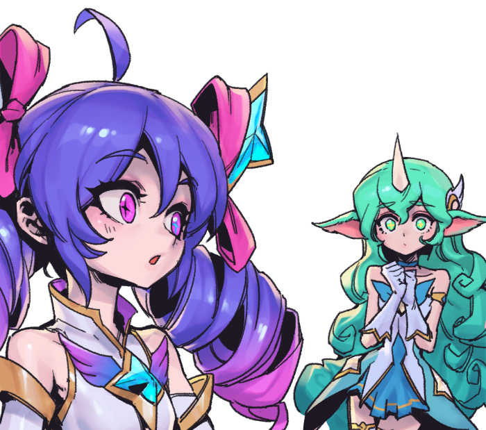 2girls :o bangs bare_shoulders bow bowtie collarbone gloves green_bow green_bowtie green_eyes green_hair grey_gloves gwen_(league_of_legends) hair_bow hands_up heterochromia horns league_of_legends legends_of_runeterra long_hair looking_at_another multicolored_hair multiple_girls official_alternate_costume own_hands_together phantom_ix_row pink_bow pink_eyes pink_hair pointy_ears shiny shiny_hair shirt single_horn soraka_(league_of_legends) star_guardian_(league_of_legends) star_guardian_gwen star_guardian_soraka thighhighs two-tone_hair white_shirt zettai_ryouiki