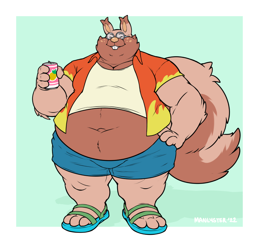 2022 anthro belly beverage big_belly brown_body can clothing container eyewear footwear generation_8_pokemon glasses greedent humanoid_hands male manlyster navel nintendo overweight overweight_male pokemon pokemon_(species) sandals shirt solo topwear video_games