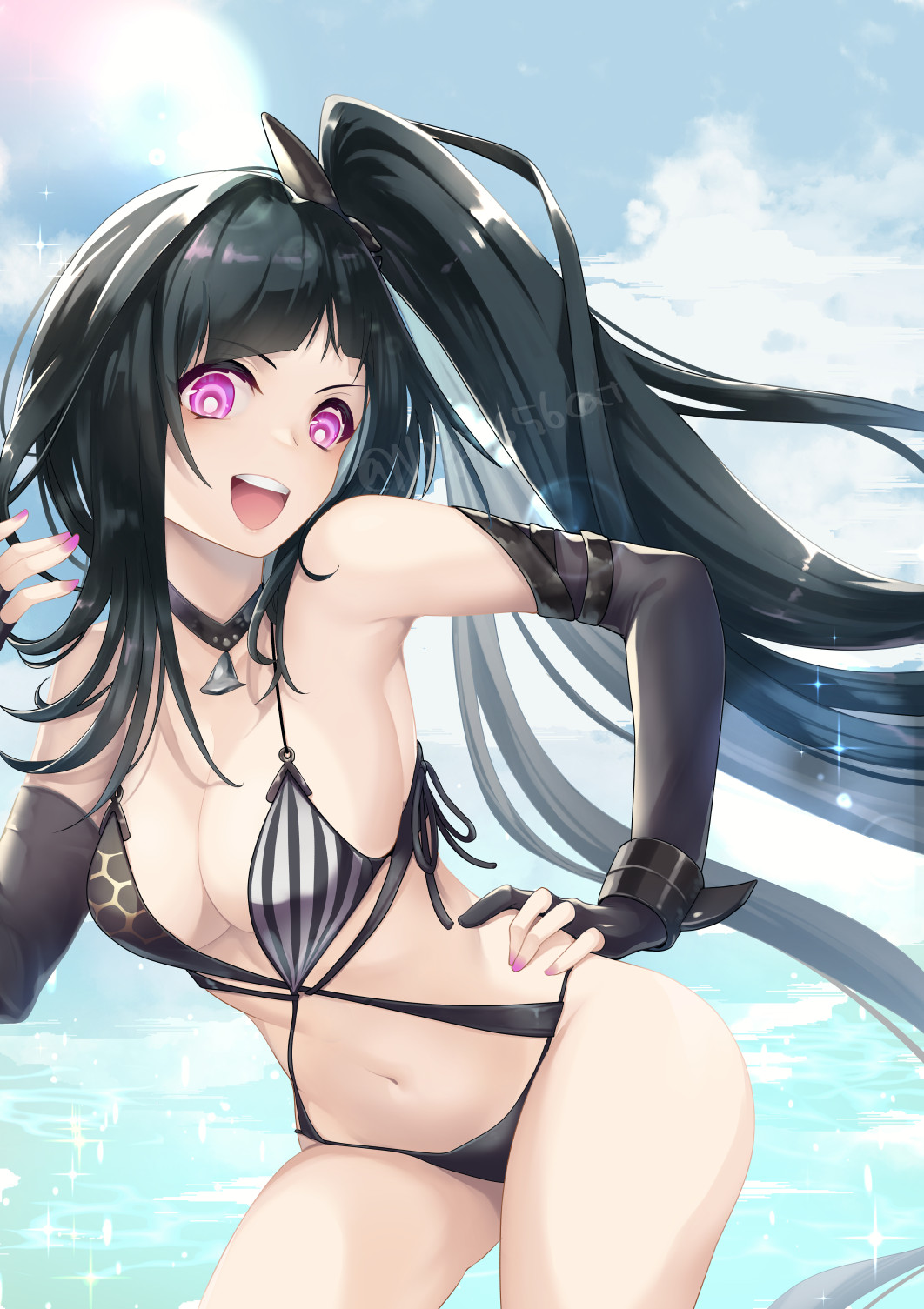 1girl architect_(girls'_frontline) armpits artist_name ass ass_visible_through_thighs bangs bare_legs beach bikini black_bikini black_choker black_gloves black_hair black_one-piece_swimsuit blue_sky breasts casual_one-piece_swimsuit choker cloud cloudy_sky commentary_request cowboy_shot day elbow_gloves girls'_frontline gloves hair_ornament hand_on_hip head_tilt highres long_hair looking_at_viewer medium_breasts nagi_(nightmare-cat) nail_polish navel ocean one-piece_swimsuit open_mouth outdoors partially_fingerless_gloves pink_eyes pink_nails pose purple_eyes sangvis_ferri side_ponytail sidelocks sky smile solo swimsuit teeth twitter_username upper_teeth very_long_hair watermark wrist_cuffs