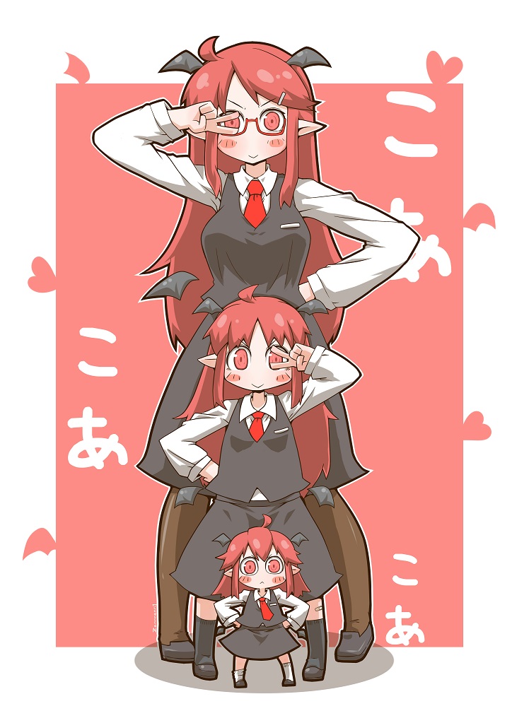 &gt;:) 3girls :&gt; :&lt; ahoge arm_up bandaid bandaid_on_leg bat_wings bespectacled black_footwear black_skirt black_socks black_vest blush_stickers border breasts brown_pantyhose child commentary_request detached_wings glasses hair_ornament hairclip hand_on_hip hands_on_hips head_wings heart height_difference koa_(phrase) koakuma loafers long_hair long_sleeves looking_at_viewer low_wings medium_breasts minigirl multiple_girls multiple_persona necktie pantyhose pointy_ears pose red-framed_eyewear red_background red_eyes red_hair red_necktie semi-rimless_eyewear shoes simple_background size_difference skirt socks touhou v v-shaped_eyebrows very_long_hair vest white_border white_socks wide-eyed wings zannen_na_hito