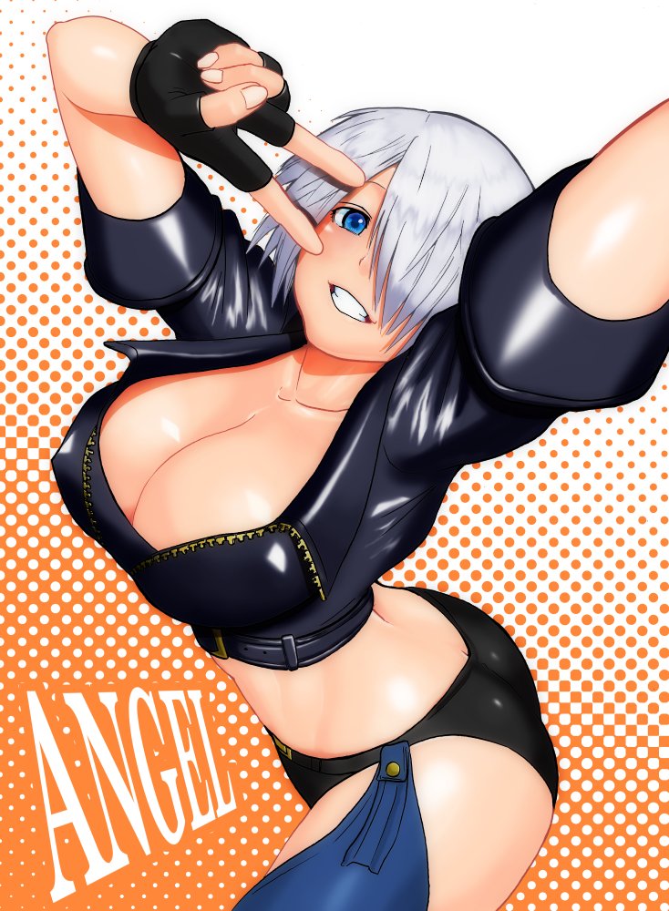 1girl akisu_k angel_(kof) ass bangs blue_eyes bra breasts chaps cleavage cropped_jacket fingerless_gloves gloves grin hair_over_one_eye jacket large_breasts leather leather_jacket looking_at_viewer looking_up navel one_eye_closed open_mouth outstretched_arm peace_symbol selfie smile snk solo the_king_of_fighters the_king_of_fighters_xiv underwear v v_over_eye