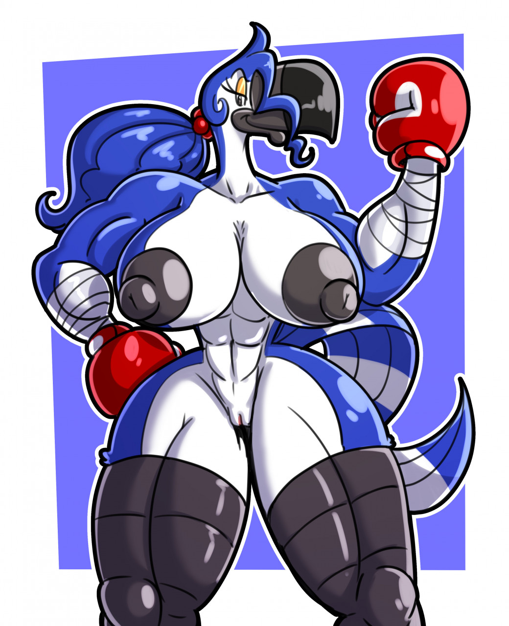 abs anthro areola avian bandaged_arm beak bedroom_eyes biceps big_breasts bird black_areola black_nipples blue_eyes blue_hair boxing_gloves breasts clothing female genitals hair handwear hi_res huge_breasts multicolored_body muscular muscular_anthro muscular_female narrowed_eyes nipples non-mammal_breasts ponytail pussy reina_(sachasketchy) sachasketchy seductive smile solo thick_thighs toucan two_tone_body