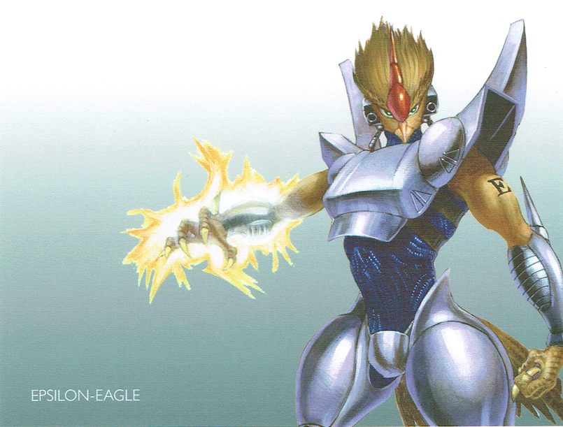 5_fingers alien alien_soldier anthro armor avian avian_caruncle beak clawed_fingers codpiece comb_(anatomy) cybernetics cyborg energy epsilon_eagle_(character) feathered_crest feathers fingers glowing glowing_hand green_eyes head_crest looking_at_viewer machine male official_art pauldron postcard power simple_background standing tetsuhiko_kikuchi