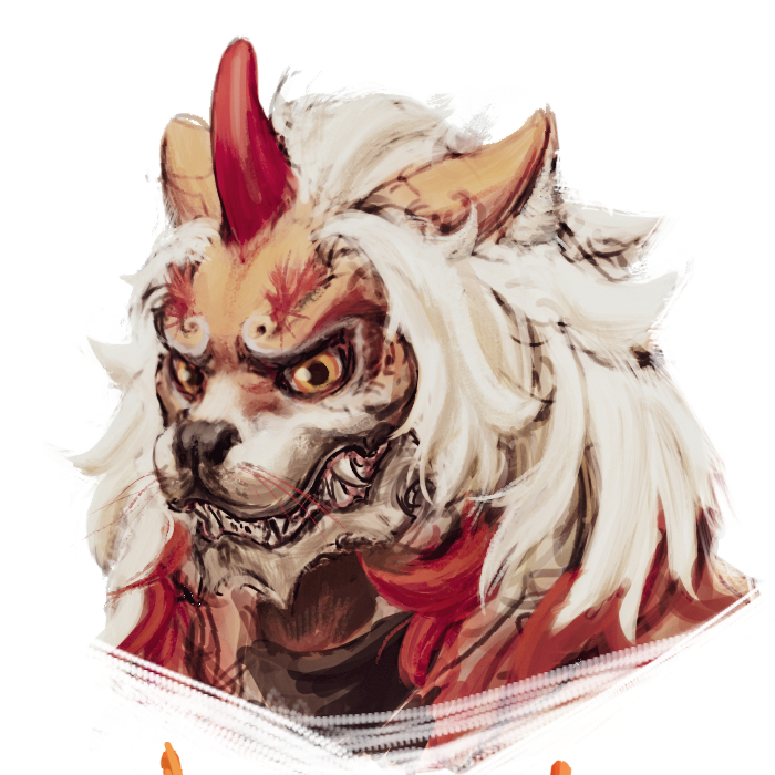 abyssman anthro arknights asian_mythology canid canine canis domestic_dog east_asian_mythology eyebrows fangs foo_dog fur hair headshot_portrait horn hung_(arknights) hypergryph inner_ear_fluff japanese_mythology komainu male mammal mythology portrait red_body red_fur simple_background solo studio_montagne tuft video_games white_hair yellow_body yellow_fur yokai