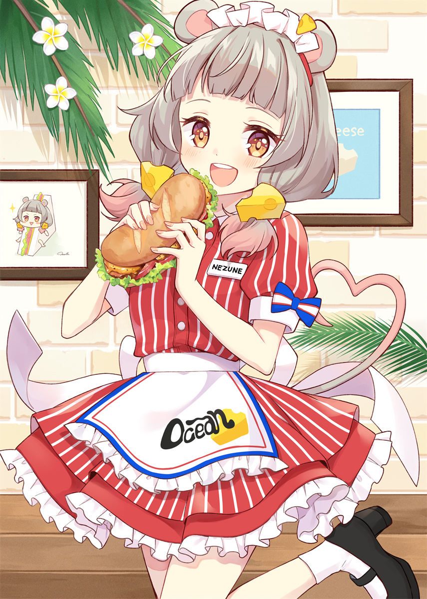 1girl :d animal_ears apron bangs black_footwear blue_bow blunt_bangs bow brick_wall brown_eyes cheese_hair_ornament clothes_writing dot_nose dress english_text flower food food-themed_hair_ornament framed_image frilled_apron frilled_dress frills grey_hair hair_ornament happy hazuki_natsu heart heart_tail heel_up highres holding holding_food indoors looking_at_viewer maid maid_headdress mary_janes medium_hair mouse_ears mouse_girl mouse_tail nail_polish name_tag open_mouth original palm_leaf pink_nails red_dress sandwich shoes sleeve_bow smile socks solo standing striped striped_dress tail teeth upper_teeth virtual_youtuber white_flower white_socks