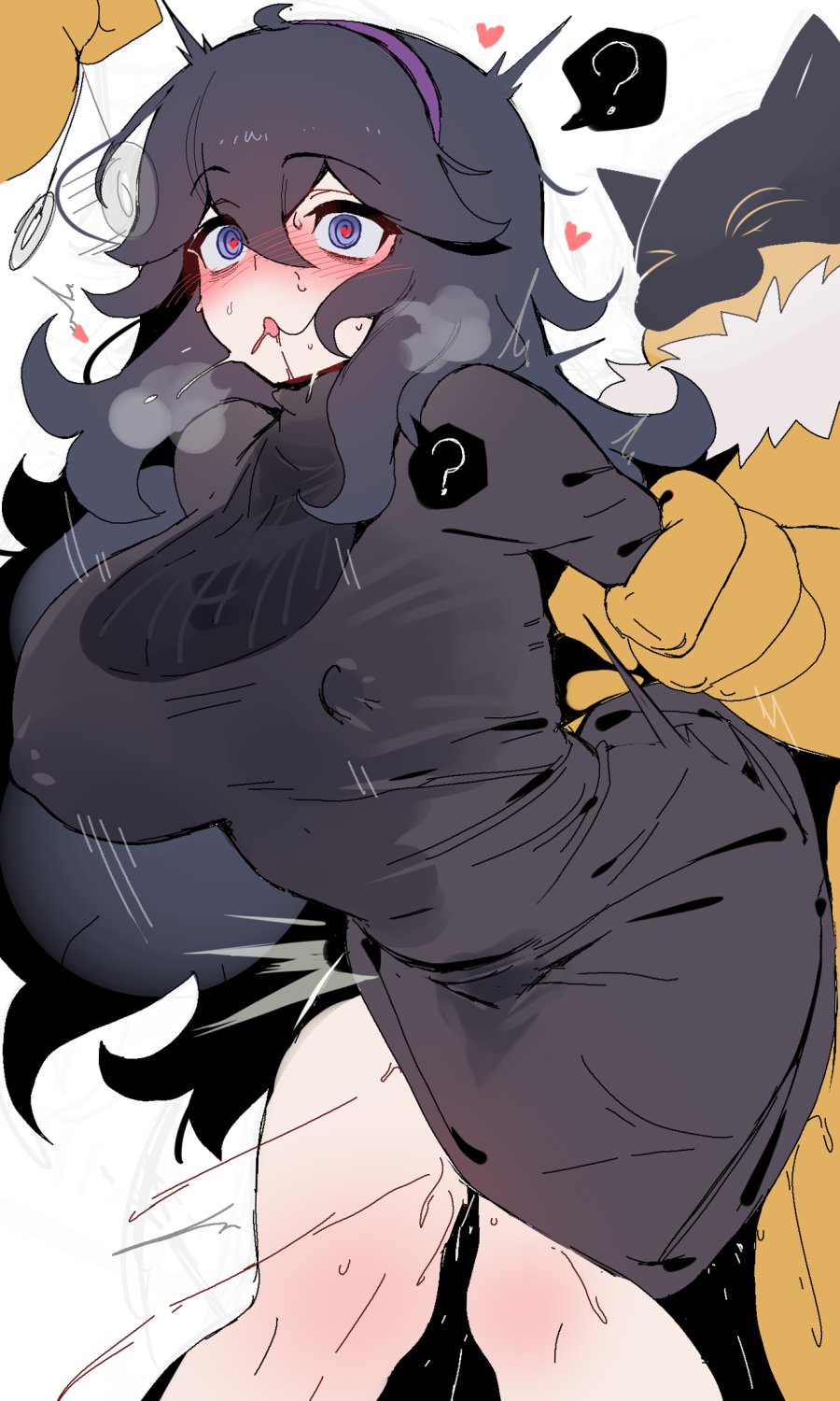 1girl 2boys ? @_@ alternate_breast_size arm_grab black_dress black_hair blue_eyes blush breasts clothed_sex coin covered_nipples dress drooling hairband heart heart-shaped_pupils hetero hex_maniac_(pokemon) highres holed_coin hypno hypnosis interspecies large_breasts long_hair mind_control multiple_boys ndgd pendulum pokemon pokemon_(creature) purple_hairband saliva sex sex_from_behind spoken_question_mark sweat symbol-shaped_pupils