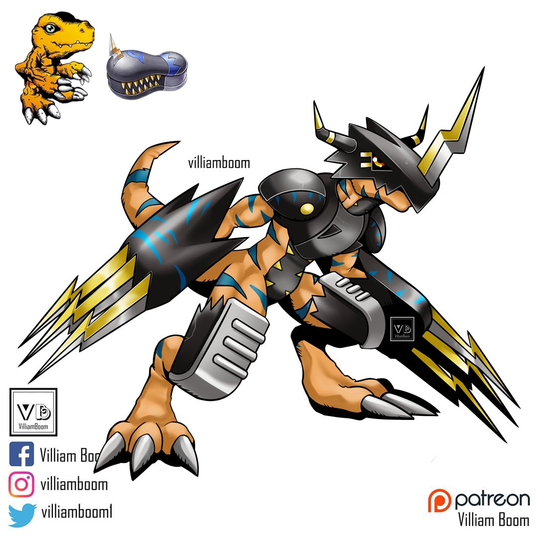 agumon armor artist_name colored_skin digi-egg_(armor) digimon digimon_survive facebook_logo full_body fusion gauntlets helm helmet horns instagram_logo no_humans orange_eyes orange_skin patreon_logo simple_background standing tail twitter_logo villiam_boom white_background