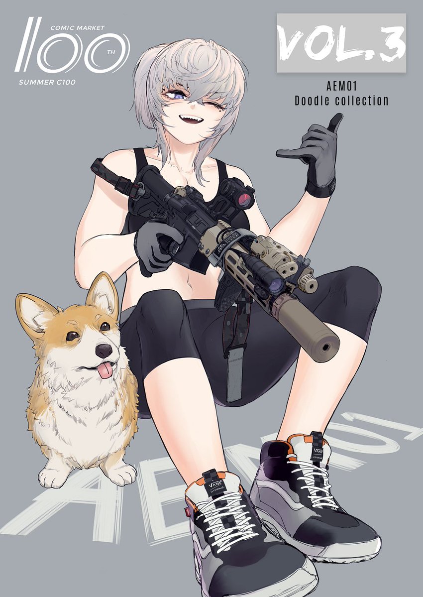 1girl ;d alma01 animal assault_rifle bare_shoulders black_leggings black_tank_top breasts cleavage collarbone commentary_request dog geissele_urg-i gloves grey_background grey_eyes grey_footwear grey_gloves grey_hair gun holding holding_gun holding_weapon leggings looking_at_viewer m4_carbine medium_breasts navel one_eye_closed original ponytail rifle sharp_teeth shoes smile solo tank_top teeth weapon