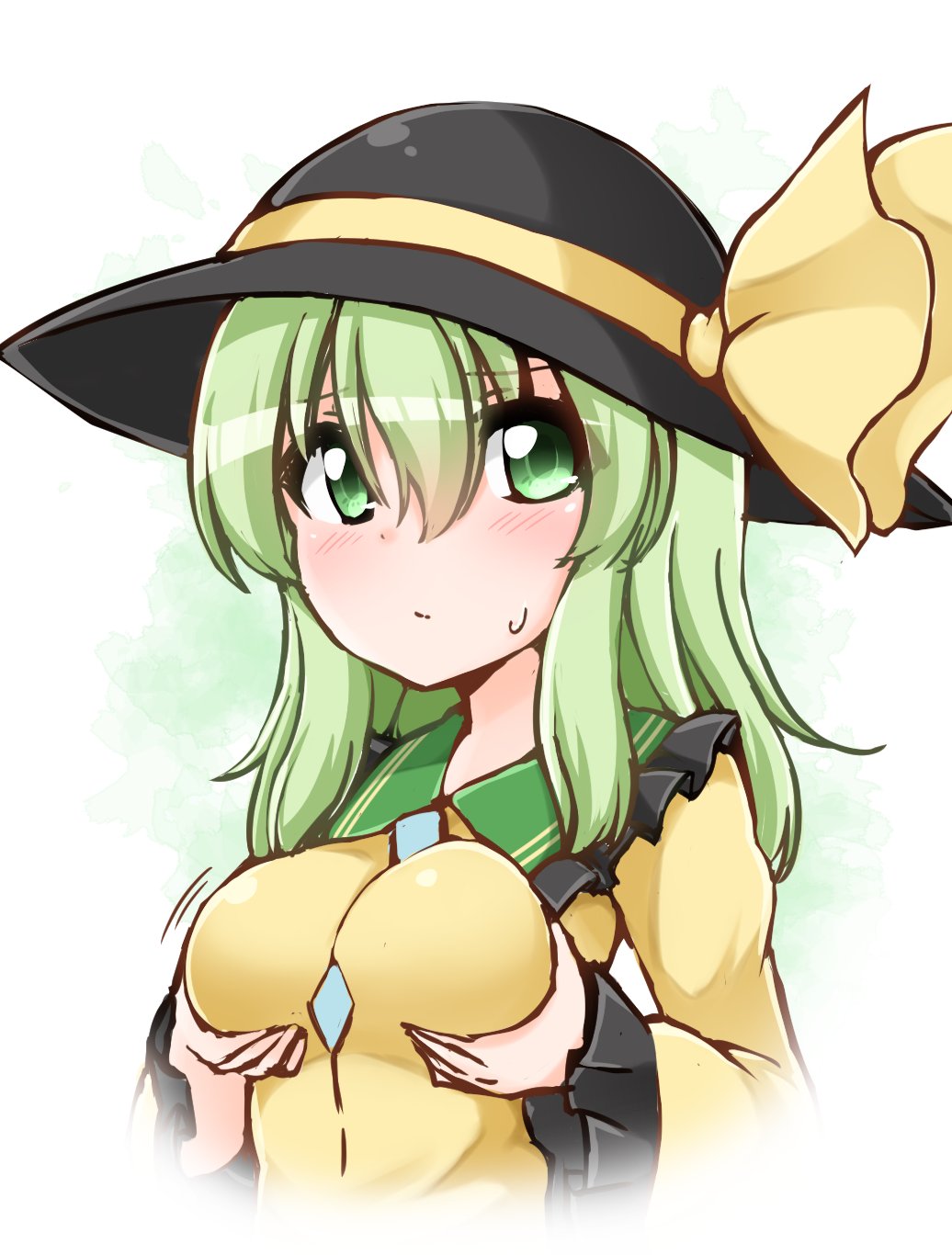 1girl bangs black_headwear blouse blush breasts buttons closed_mouth diamond_button expressionless frilled_shirt_collar frilled_sleeves frills green_eyes green_hair hair_between_eyes hat hat_ribbon highres komeiji_koishi long_sleeves looking_at_viewer medium_hair one-hour_drawing_challenge ribbon self_fondle shirt solo suwa_yasai touhou upper_body white_background wide_sleeves yellow_ribbon yellow_shirt