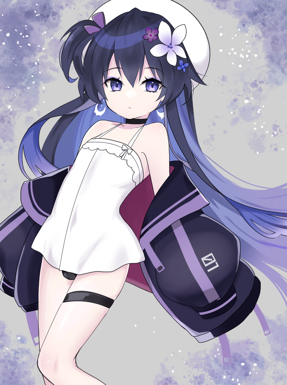 1boy black_hair choker colored_inner_hair crossdressing earrings flower hat highres jacket jewelry long_hair looking_at_viewer male_focus multicolored_hair original otoko_no_ko panties purple_flower purple_hair shirt solo tank_top thigh_strap underwear white_flower white_shirt white_tank_top yuzr_sosaku