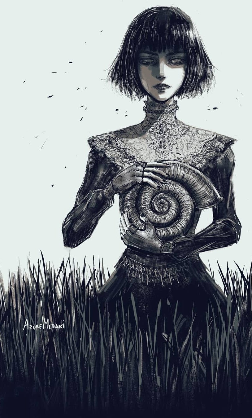 1girl azure_meraki closed_mouth dress field fingernails grass highres holding long_sleeves looking_at_viewer making-of_available muted_color nail_polish original short_hair signature snail_shell solo standing tall_grass