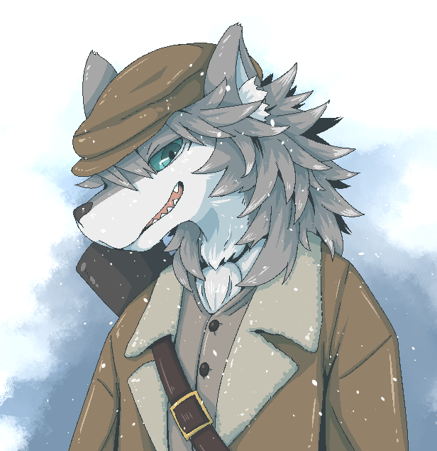 anthro belt bust_portrait canid canine canis clothed clothing doneru fangs fate_(series) fur grey_body grey_fur grey_hair hair hat headgear headwear jacket looking_at_viewer male mammal patxi portrait shirt simple_background smile snow snowing solo topwear wolf