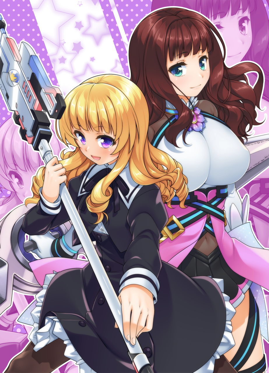 2girls :d aogiri_penta aqua_eyes arm_at_side assault_lily bangs battle_girl_high_school black_ribbon black_skirt blonde_hair blunt_bangs bodystocking breasts brown_hair brown_pantyhose buttons closed_mouth commentary_request commission cosplay costume_switch covered_nipples cowboy_shot crop_top cropped_jacket cross-laced_clothes crossover drill_hair elbow_gloves fighting_stance fingernails floating_hair frilled_skirt frills gem gloves halterneck hands_up high-waist_skirt highres holding holding_polearm holding_sword holding_weapon juliet_sleeves kaede_johan_nouvel kaede_johan_nouvel_(cosplay) large_breasts legs_apart light_smile long_hair long_sleeves looking_at_viewer midriff miniskirt multiple_girls namesake navel neck_ribbon outline outstretched_arm pantyhose parted_lips pink_gemstone pleated_skirt polearm polka_dot polka_dot_background puffy_sleeves purple_background purple_eyes ribbon school_uniform see-through sendouin_kaede sendouin_kaede_(cosplay) shirt skeb_commission skin_tight skirt smile standing starry_background sword thigh_strap wavy_hair weapon white_gloves white_outline white_shirt yurigaoka_girls_academy_school_uniform zoom_layer