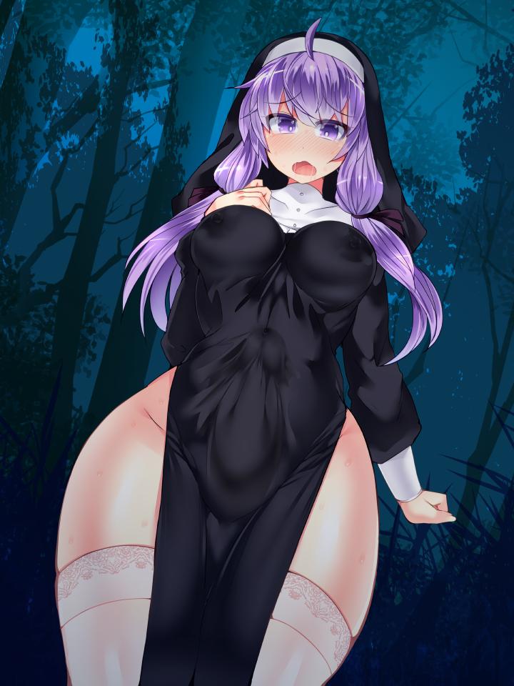 1girl alternate_costume blush breasts clenched_hand commentary_request covered_nipples curvy erection forest futanari hisui_(stapspats) impossible_clothes long_hair looking_at_viewer nature navel night no_panties nun open_mouth outdoors penis purple_eyes purple_hair thighhighs thighs voiceroid yuzuki_yukari