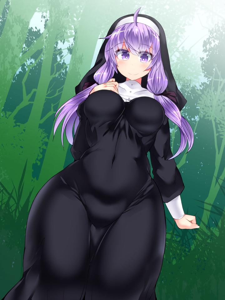 1girl alternate_costume breasts clenched_hand commentary_request curvy day forest hisui_(stapspats) impossible_clothes long_hair looking_at_viewer nature navel nun outdoors purple_eyes purple_hair smile thighs voiceroid yuzuki_yukari