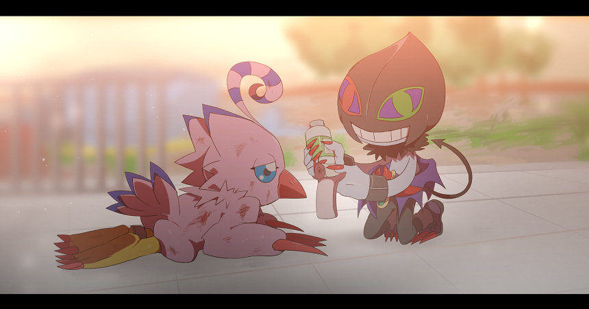 anthro avian bandage bandai_namco bird biyomon black_body black_fur blue_eyes claws demon digimon digimon_(species) digimon_survive dracmon dracmon_(survive) duo feathers female fur grin humanoid kuso_800t male pink_body pink_feathers smile spade_tail wounded