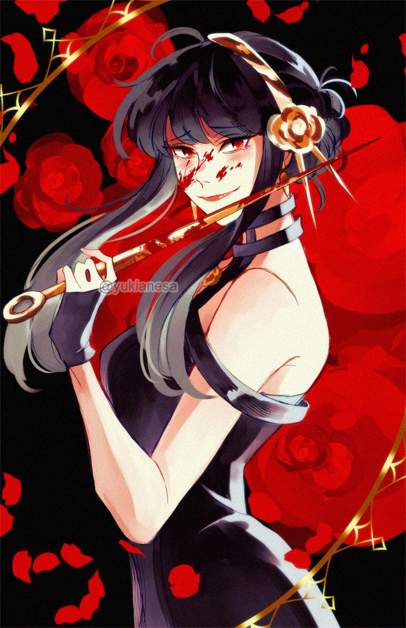 1girl artist_name bangs bare_shoulders black_background black_dress black_gloves black_hair blood blood_on_face blood_on_weapon blush breasts brown_flower brown_rose closed_mouth dagger dress floral_background flower from_side gloves gold_hairband hair_bun hair_flower hair_ornament hairband hand_up highres jewelry kite-mitiko knife looking_at_viewer medium_breasts necklace petals red_eyes red_flower red_rose rose short_hair short_hair_with_long_locks sidelocks sleeveless sleeveless_dress smile solo spy_x_family standing stiletto_(weapon) weapon yor_briar