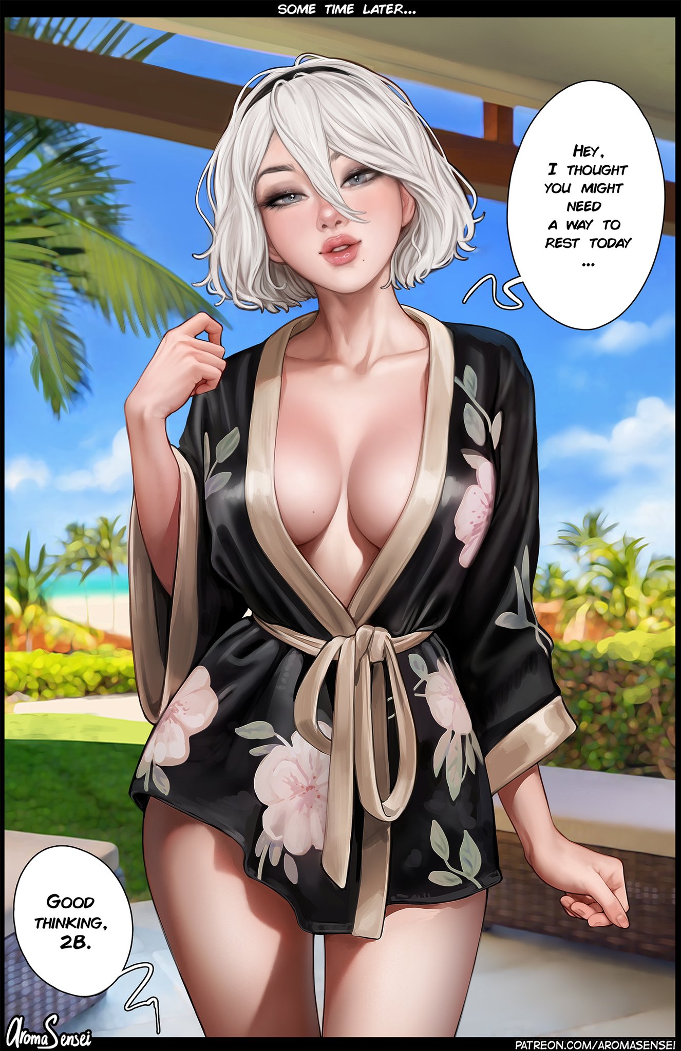 1girl aroma_sensei artist_name beach black_hairband blush breasts cleavage cloud collarbone curvy day flower grey_eyes hairband hand_up highres large_breasts lips long_sleeves looking_at_viewer mole mole_on_breast mole_under_mouth nier_(series) nier_automata ocean open_mouth robe short_hair sky solo speech_bubble standing teeth thick_lips thighs water white_hair yorha_no._2_type_b
