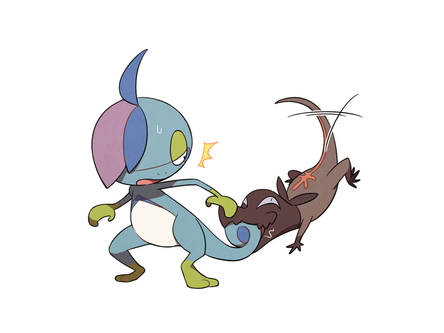 ^^^ black_eyes commentary drizzile looking_back motion_lines no_humans open_mouth pokemon pokemon_(creature) salandit simple_background ssalbulre standing sweatdrop toes tongue white_background