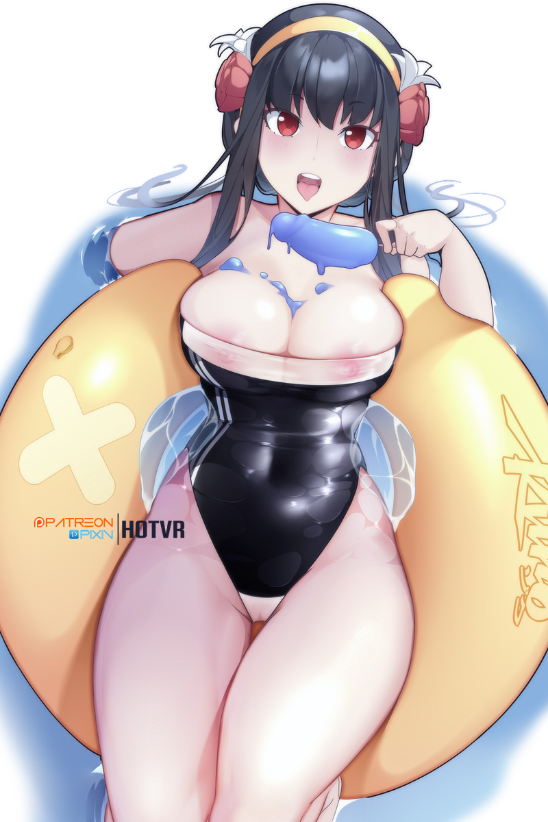 1girl black_hair black_one-piece_swimsuit breasts covered_navel flower gris_swimsuit hair_flower hair_ornament hairband highres hot_vr innertube large_breasts long_hair looking_at_viewer meme_attire nipples open_mouth partially_submerged red_eyes see-through solo spy_x_family swimsuit thighs uncensored water yellow_hairband yor_briar