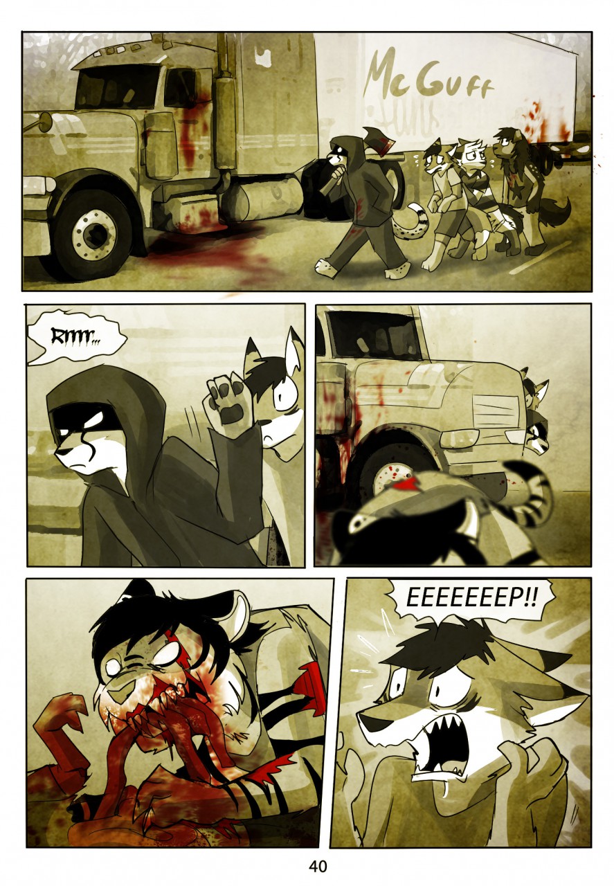 ... blood brush_tail bryan_fang_(artist) canid canine canis clothed clothing comic death decapitation dialogue domestic_dog duo english_text felid fox gore hat hi_res hiding hoodie husky leopard male mammal open_mouth pantherine shorts speech_bubble surprise text tiger undead wide_eyed wolf worried zombie