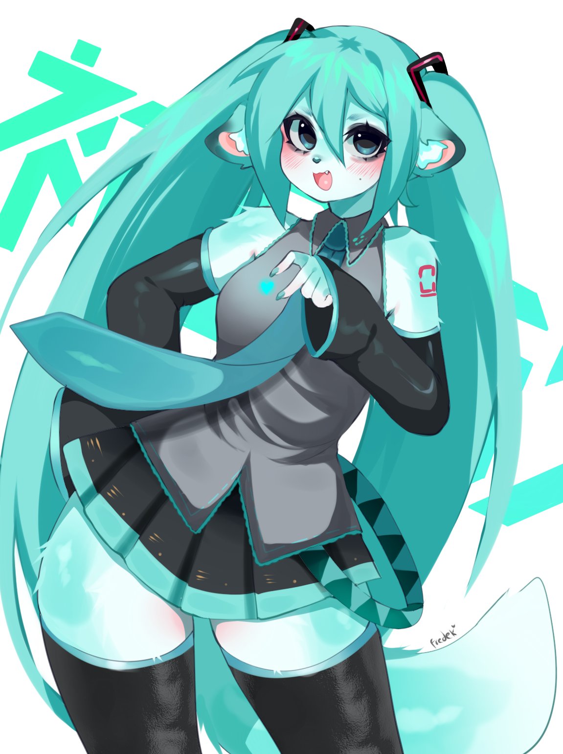 alternate_species anthro blush bottomwear breasts clothed clothing cute_fangs female fredek666 furrification hatsune_miku hi_res legwear looking_at_viewer open_mouth skirt solo vocaloid