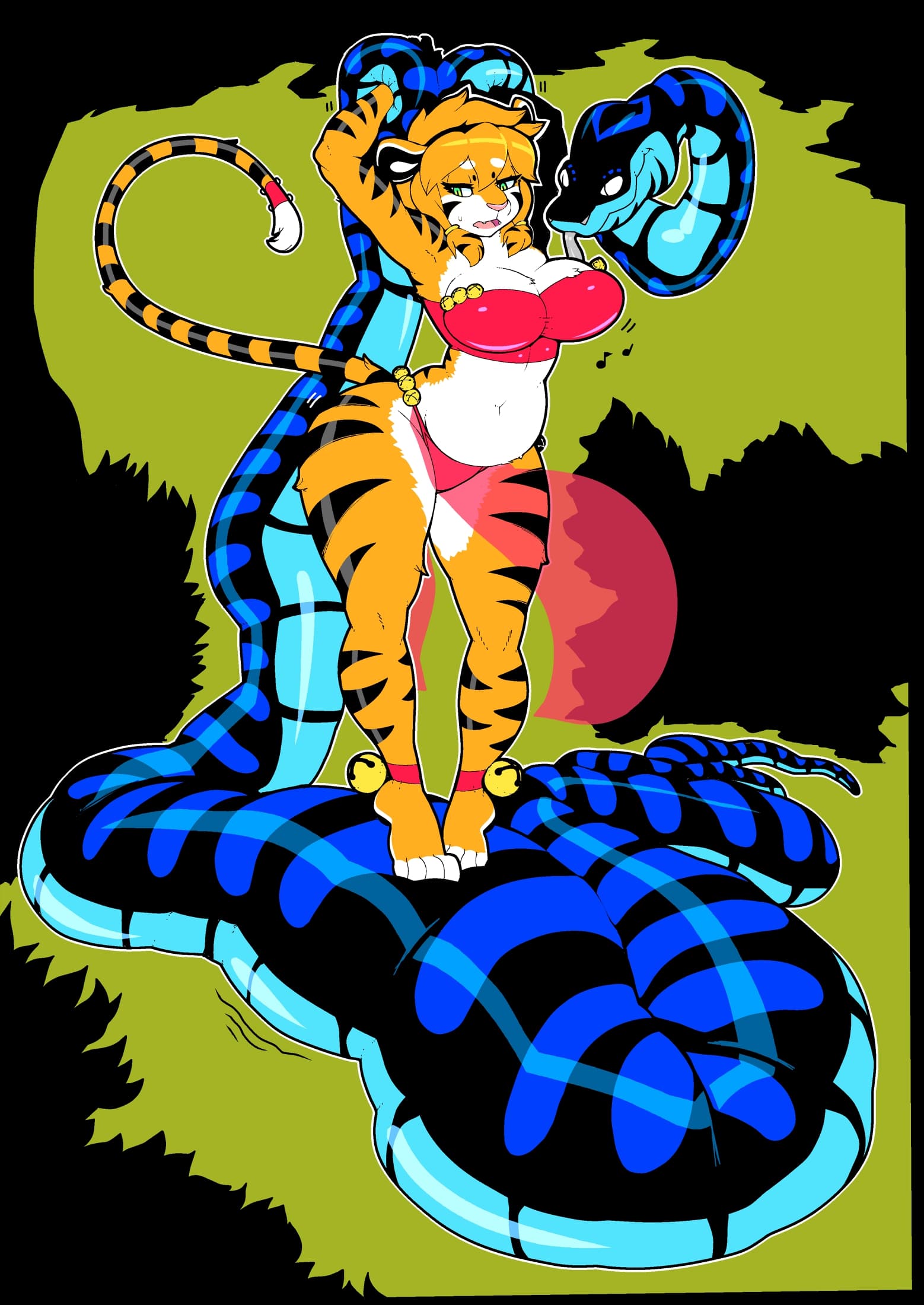 abdominal_bulge anthro arms_tied belly_dancer belly_dancer_outfit bound duo felid female feral forked_tongue green_eyes hi_res hypnofood male mammal midriff pantherine reptile sarrl sascha_(hypnofood) scalie simple_background smile snake tiger tongue vore
