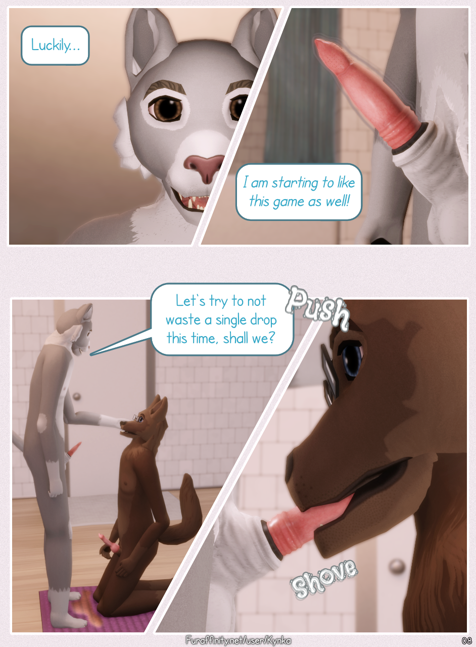 3d_(artwork) anatomically_correct anatomically_correct_genitalia animal_genitalia animal_penis aroused bathroom bodily_fluids canid canine canine_penis canis comic dialogue digital_media_(artwork) duo english_text erection felid feline_penis genital_fluids genitals guiding_in head_grab hi_res jackal kneeling looking_at_another male male/male mammal mynka nude on_ground pantherine penis penis_in_mouth sheath text urine urine_pool