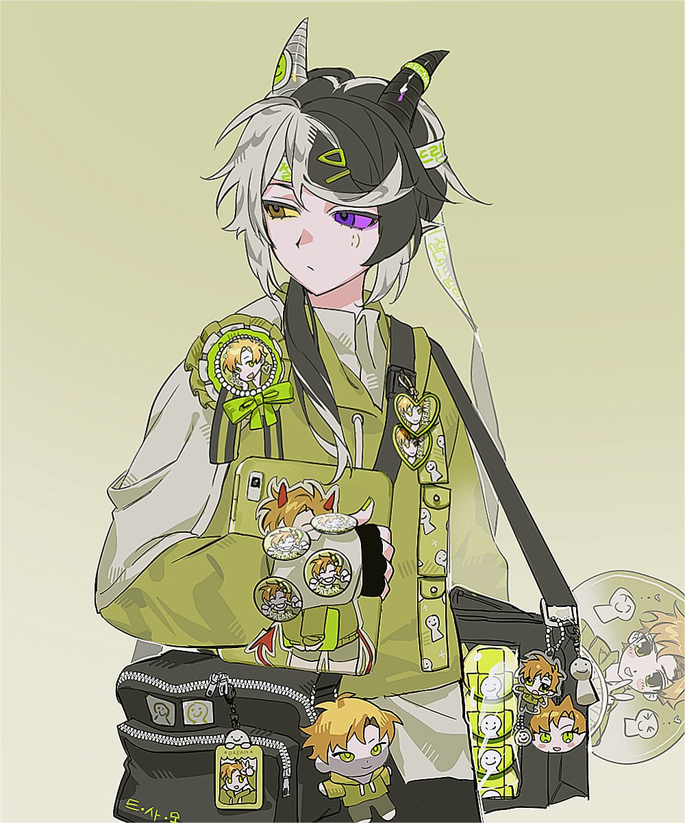 1boy androgynous bag black_hair bow character_doll demon demon_horns demon_tail dream_(youtuber) dream_smp english_text gradient gradient_background hair_ornament hairclip heterochromia highres horns in_nyeo korean_text long_hair multicolored_hair otaku ponytail purple_eyes ranbob smiley_face solo tablet_pc tail tales_from_the_smp two-tone_hair white_hair yellow_eyes