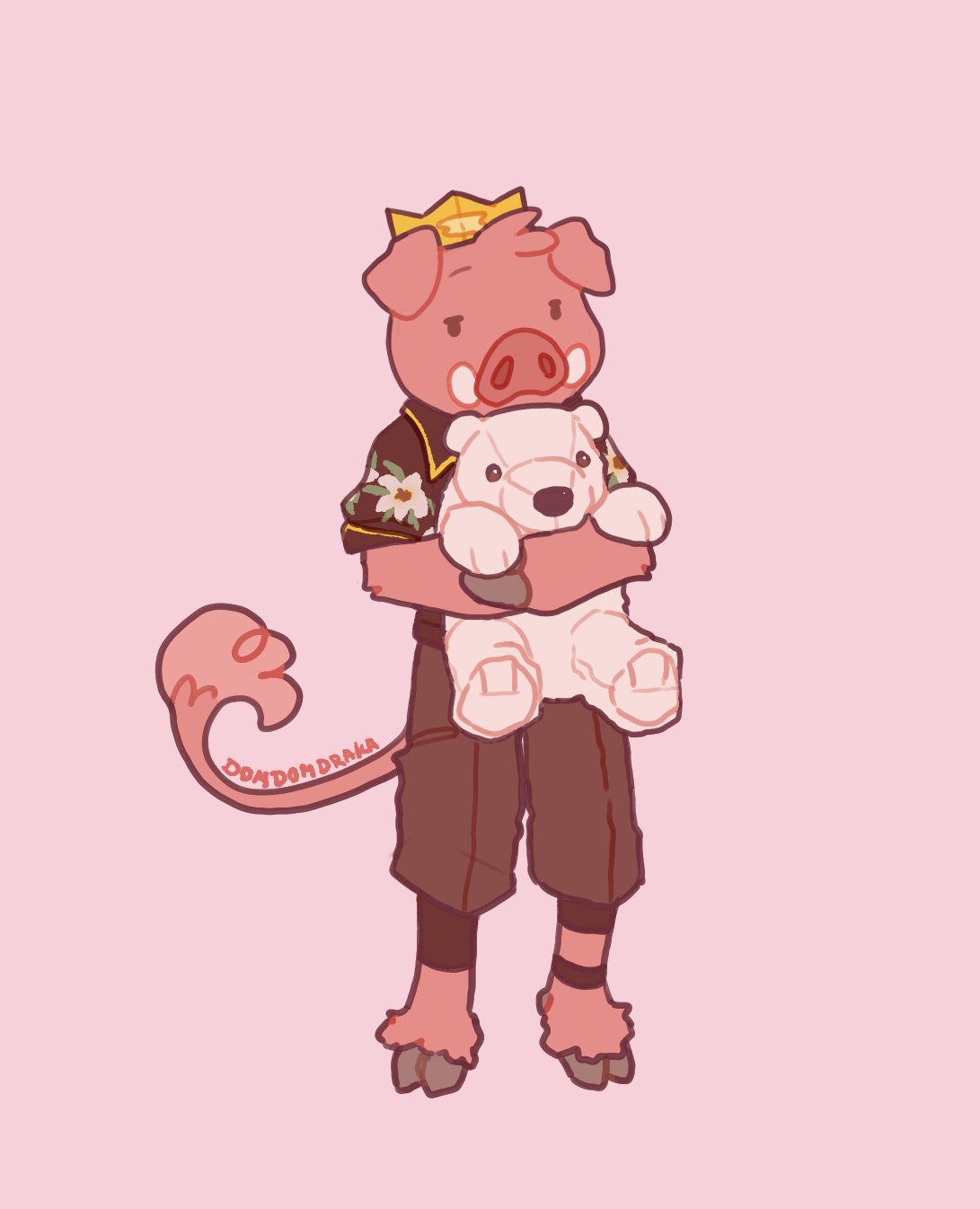 2_toes aged_down anthro arm_tuft biped black_clothing black_topwear bottomwear brown_bottomwear brown_clothing brush_tail clothed clothing colored crown daww domdomdraka domestic_pig feet fully_clothed fur hair hi_res holding_object holding_plushie holding_toy hooves hugging_plushie male mammal mcyt monotone_body monotone_hair outline pig_snout pink_background pink_body pink_fur pink_hair plushie simple_background standing suid suina sus_(pig) technoblade toes topwear toy tuft tusks young youtuber