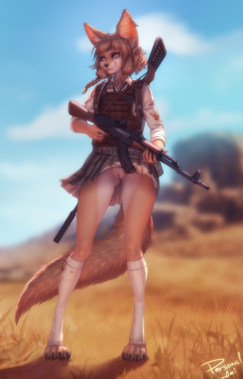 1girl alternate_universe animal_ears artist_name bangs blood blood_on_clothes blunt_bangs blurry blurry_background body_armor braid brown_eyes brown_hair day earrings fox_ears fox_tail furry furry_female gun highres holding holding_gun holding_weapon jewelry khiara_(personal_ami) kneehighs lips looking_to_the_side no_panties original outdoors personal_ami playerunknown's_battlegrounds pleated_skirt pussy savannah shirt short_hair side_braids signature skirt socks solo standing tail uncensored weapon white_shirt white_socks wind wind_lift