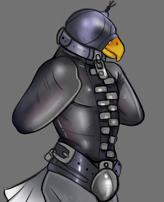 animal_crossing anthro apollo_(animal_crossing) bdsm blindfold chastity_bulge chastity_cage chastity_device collar falconry_hood hood latex male nintendo noahsense restraints sensory_deprivation solo straitjacket video_games