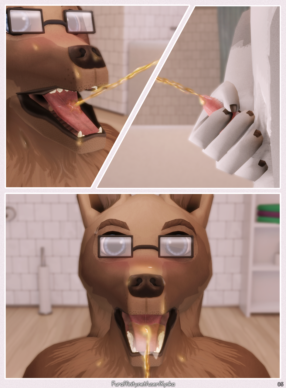 3d_(artwork) ambiguous_gender anatomically_correct anatomically_correct_genitalia animal_genitalia animal_penis anthro bathroom bodily_fluids canid canine canis comic digital_media_(artwork) duo english_text eyewear felid feline_penis genital_fluids genitals glasses golden_shower hi_res holding_penis jackal kneeling mammal mynka nude open_mouth pantherine peeing peeing_on_another penis text urine urine_in_mouth urine_stream watersports