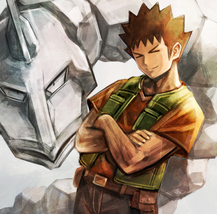 &gt;_&lt; 1boy brock_(pokemon) brown_hair closed_eyes closed_mouth crossed_arms green_vest lowres male_focus onix open_clothes open_vest orange_shirt pokemon pokemon_(anime) pokemon_(creature) shirt short_hair short_sleeves smile spiked_hair standing sushi_(sashimise) t-shirt vest