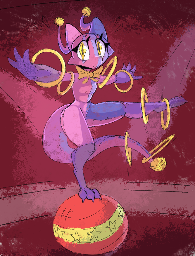 3_toes 4_fingers acrobatics ambiguous_gender anthro ball bell bell_accessory bow_ribbon clothed clothing clown feet fingers hula_hoop juggling kobold looking_at_viewer motion_lines nuppi on_one_leg smile smiling_at_viewer solo standing tfzn toes unusual_eyes
