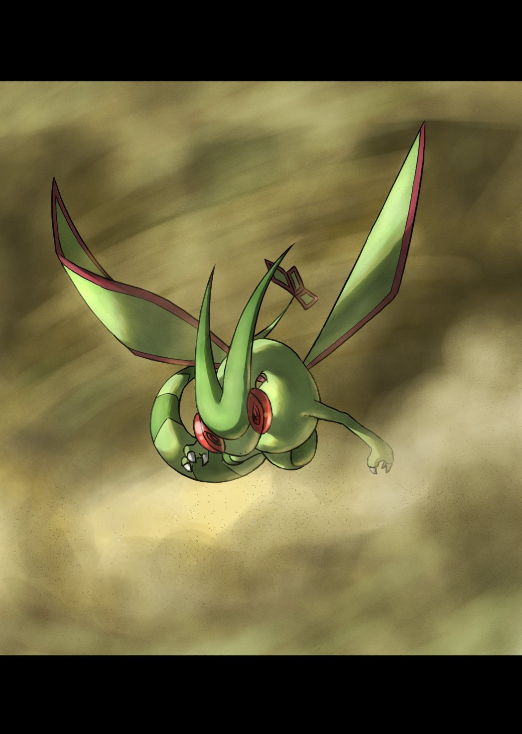 animal_focus claws commentary_request flygon flying full_body highres ia_(ilwmael9) letterboxed looking_at_viewer no_humans pokemon pokemon_(creature) sandstorm solo