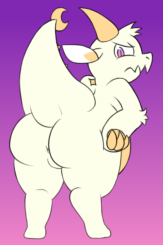 ambiguous_gender angry anthro anus arm_tuft bent_over big_butt butt chikn_nuggit digitigrade dragon fwench_fwy_(chikn_nuggit) gradient_background hands_on_hips hidden97 horn huge_butt pink_eyes simple_background solo thick_tail tuft white_body yellow_body