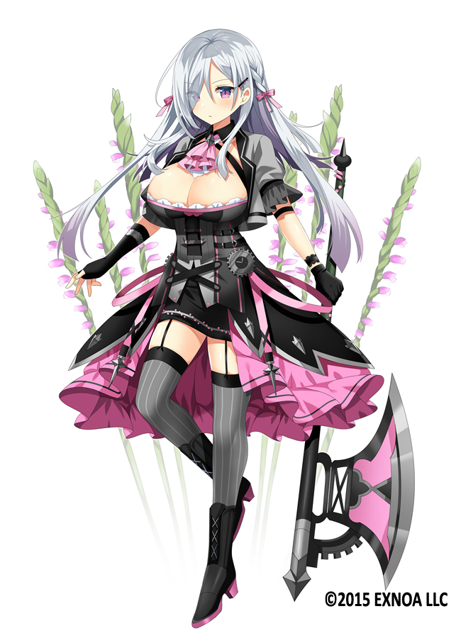1girl ascot axe black_footwear black_gloves black_skirt boots bow braid breasts character_request cleavage expressionless eyes_visible_through_hair fingerless_gloves flower_knight_girl full_body gloves grey_hair grey_thighhighs hair_bow hair_ornament hair_over_one_eye hairclip holding holding_axe kurot large_breasts long_hair looking_at_viewer official_art pink_ascot purple_bow purple_eyes shiny shiny_skin side_braid skirt solo striped striped_thighhighs thigh_strap thighhighs vertical-striped_thighhighs vertical_stripes